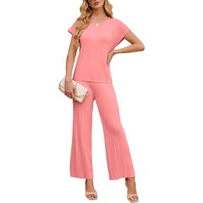 IFFEI Womens Lounge Sets 2 piece Sweater Sets Outfits Cap Sleeve Knit Tops and Pleated Wide Leg Pants Pajama Sets