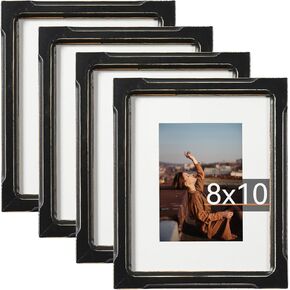 8X10 Black Wood Picture Frame 4 Pack, Display Pictures 5x7 with Mat or 8X10 without Mat, Solid Wood Vintage Photo Frame with Tempered Glass for Wall Hanging Tabletop Standing, Rustic Wooden Frame Sets