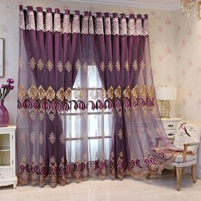 Amidoudou 1 Pair European Double Layer Curtains with Valances for Living Room Bedroom Luxury Embroidered Curtains (Purple,63x90 Inch)