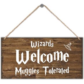 علامة باب الترحيب من Sahjzk، ديكورات الهالوين المضحكة، تحمل أكواب الترحيب بالمعالجات، علامة خشبية معلقة على الحائط للساحر الخيالي للمدخل السحري غريب الأطوار - 12 × 6 بوصة in Kuwait