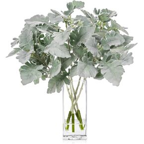 Briful Artificial Frosted Lambs Ear Leaves Dusty Miller Stems in Clear Glass Vase Fake Leave Stems Arrangement for Home Wedding Party Baby Shower Decoration