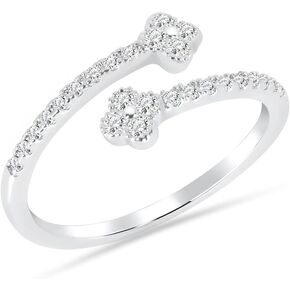 Silver Plated Adjustable Clover Open Ring with Cubic Zirconia for Women