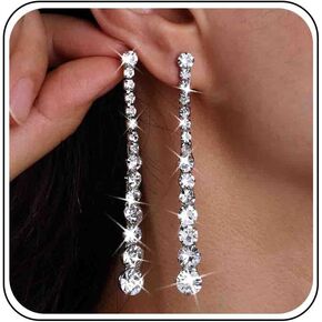 Silver Wedding Earrings Long Rhinestone Earrings Prom Diamond Earrings Cubic Zirconia Bridal Drop Earrings Sparkly Tassel Rhinestone Dangle Earrings Crystal Statement Earrings Jewelry for Women