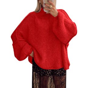 Flygo Womens Oversized Sweater Long Sleeve Mock Neck Tunic Sweater Casual Knit Pullover Sweater Tops(Red-S)