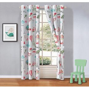 Kids Zone Home Linen 2 Panel Curtain Set with Grommet for Boys Girls Teens Bedroom Multicolor Set Paris Eiffel Tower Chandelier Roses Flowers Flying Balloon Rose Pink Green Turquoise White New