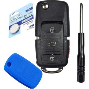 HQRP Folding Flip Key Fob Shell Remote Case Keyless Entry 4 Buttons with Dark Blue Silicone Protective Cover Case and CR2032 Battery for Volkswagen Beetle / CC / EOS / Golf / Jetta / Passat
