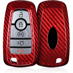 Key Fob Cover Fits for Ford F150 Fusion, Carbon Fiber Key Fob Case with Keychain Fits for Ford Mustang Maverick Edge Explorer Escape 5 Buttons Smart Remote Key Shell Protector Accessories RED