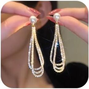 Long Rhinestone Dangle Earrings Pearl Stud Earrings Sparkling Bridal Drop Earrings Wedding Prom Birthday Gifts for Women