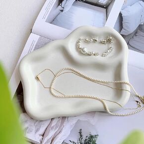 Divided Ceramic Jewelry Tray for Women, Irregular Clouds Decorative Dish, Room Decor Aesthetic, Jewelry Organizer Plate for Necklaces Rings Bracelet Earrings Keys Watch Perfume (Matte White)