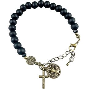 8mm Black Wooden Beads Cross Bracelet, Handmade Adjustable Catholic Rosary for Men and Women