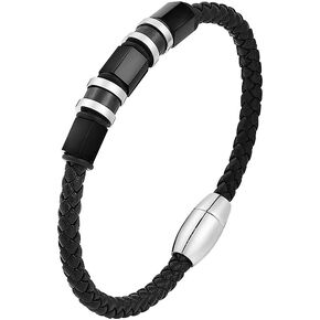 Geoffrey Beene Men's Black Braided Leather Bracelet Wristband with Stainless Steel Ornaments