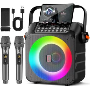 Karaoke Machine with 2 Wireless Microphones, Portable Karaoke Machine for Adults Kids with LED Lights, PA System Bluetooth Speaker with Microphone Supports REC/AUX/USB/TF Card for Home Party