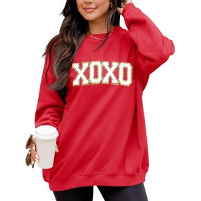 LETSEE Womens Valentine's Day Crewneck Sweatshirt Letter Chenille Patch Long Sleeve Pullover Tops Oversized Clothes