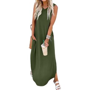 HUSKARY Women's Maxi Dresses V Neck Sleeveless Long Casual Dresses Loose Sundress with Pocket