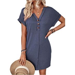 SOLY HUX Women's V Neck Short Sleeve Button T Shirt Dress Summer Short Dresses
