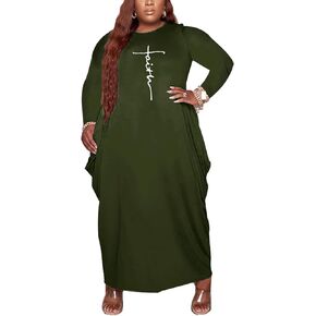Casual Plus Size Maxi Dresses for Curvy Women Long Sleeve Baggy Long T-Shirt Tunic Dress with Pockets in Kuwait