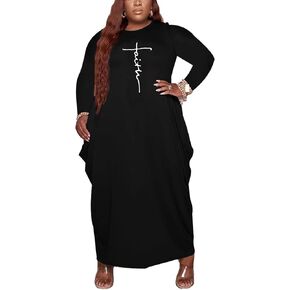 Casual Plus Size Maxi Dresses for Curvy Women Long Sleeve Baggy Long T-Shirt Tunic Dress with Pockets