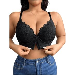 WDIRARA Women's Plus Size Front Closure Lace Bralette V Neck Push Up Sexy Bras High Support Bra