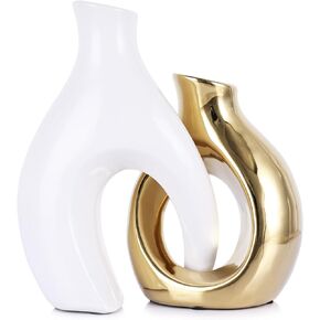 Orange and Gold Vase Set of 2, Nordic Modern Ins Style Vases, Boho Ceramic Vases for Centerpieces, Mid Century Abstract Donut Vase, Unique Funky Vase for Wedding, Decorative Pampas Grass Vase Decor