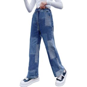 Big Girls Baggy Jeans Casual Patchwork Denim Jeans Elastic Wasit Wide Leg Ripped Pants Bell Bottoms for 4-14 Years