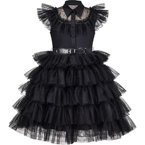 Sunny Fashion Girls Dress Black Lace Cake Multilayered Leather Belt Tutu Tulle