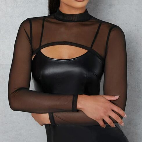 Mesh Crop Tops for Women Mock Neck Long Sleeve Crop Top See Through Shirt Top Sexy Clubwear in Saudi Arabia