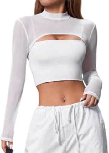 Mesh Crop Tops for Women Mock Neck Long Sleeve Crop Top See Through Shirt Top Sexy Clubwear in Saudi Arabia
