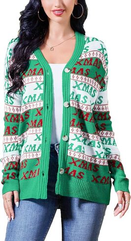 سترة KOJOOIN النسائية القبيحة للكريسماس مفتوحة من الأمام من Caidigans محبوكة بأكمام طويلة وأزرار سفلية سترة صوفية in Kuwait