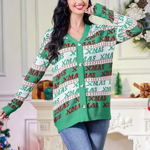 سترة KOJOOIN النسائية القبيحة للكريسماس مفتوحة من الأمام من Caidigans محبوكة بأكمام طويلة وأزرار سفلية سترة صوفية in Kuwait