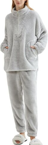 Gihuo Womens Zip Pajama Sets Fuzzy 2 Piece Pjs Set Stand Collar Fluffy Loungewear Fleece Pullover Pants Set in Saudi Arabia