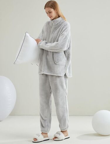 Gihuo Womens Zip Pajama Sets Fuzzy 2 Piece Pjs Set Stand Collar Fluffy Loungewear Fleece Pullover Pants Set in Saudi Arabia