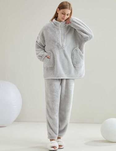 Gihuo Womens Zip Pajama Sets Fuzzy 2 Piece Pjs Set Stand Collar Fluffy Loungewear Fleece Pullover Pants Set in Saudi Arabia