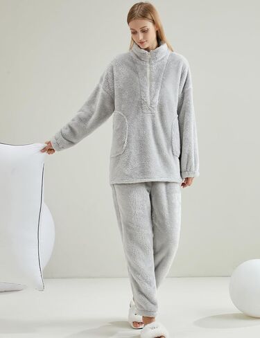 Gihuo Womens Zip Pajama Sets Fuzzy 2 Piece Pjs Set Stand Collar Fluffy Loungewear Fleece Pullover Pants Set in Saudi Arabia