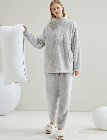 Gihuo Womens Zip Pajama Sets Fuzzy 2 Piece Pjs Set Stand Collar Fluffy Loungewear Fleece Pullover Pants Set in Saudi Arabia