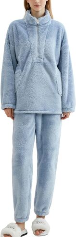 Gihuo Womens Zip Pajama Sets Fuzzy 2 Piece Pjs Set Stand Collar Fluffy Loungewear Fleece Pullover Pants Set in Saudi Arabia