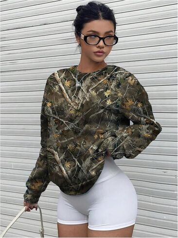 Women's Plus Size Camo Print Graphic Sweatshirt Crewneck Long Sleeve Pullovers in Saudi Arabia