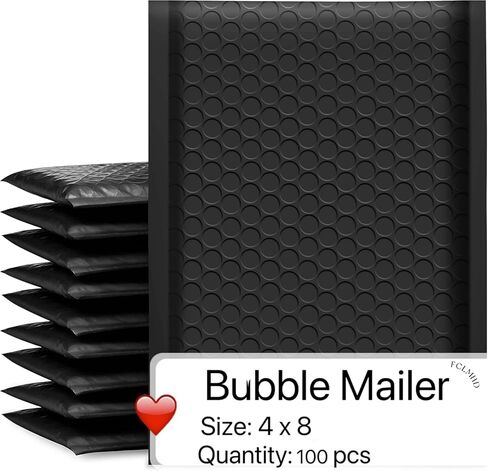 100 قطعة من أظرف الفقاعات البلاستيكية مقاس 4 × 8 بوصة، مظاريف مقاومة للماء، أكياس مظاريف الشحن، مظاريف فقاعات مبطنة سوداء للشحن/التعبئة/البريد ذاتي الختم - أسود in Kuwait