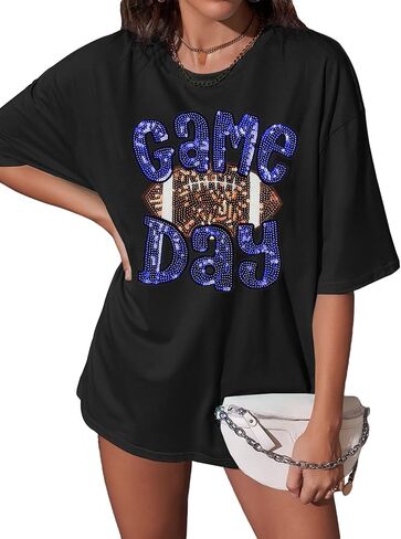 ASTANFY Game Day Shirts Oversized Tshirts: Football Shirts for Women Sequin Shirt Fall Graphic Tees Short Sleeve Tops in Kuwait
