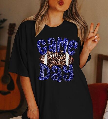 ASTANFY Game Day Shirts Oversized Tshirts: Football Shirts for Women Sequin Shirt Fall Graphic Tees Short Sleeve Tops in Kuwait