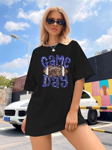 ASTANFY Game Day Shirts Oversized Tshirts: Football Shirts for Women Sequin Shirt Fall Graphic Tees Short Sleeve Tops in Kuwait