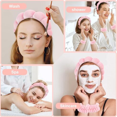 عصابة رأس للمكياج للنساء من كافيتي، عصابة رأس وردية للعناية بالبشرة لغسل الوجه، عصابة رأس لطيفة منتفخة للسبا مع ربطات معصم وإسفنجات ناعمة مضغوطة للوجه للنساء والفتيات... in Kuwait
