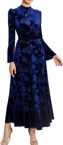 IDOPIP Women Long Bell Sleeve Floral Velvet Maxi Dress Fall Mock Neck Wedding Guest Dress Elegant Evening Cocktail Prom Gown in Saudi Arabia