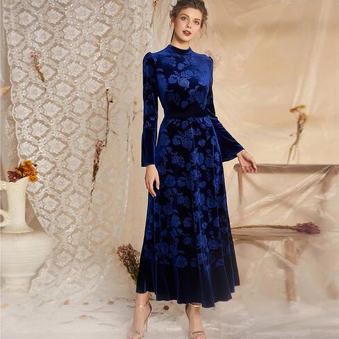 IDOPIP Women Long Bell Sleeve Floral Velvet Maxi Dress Fall Mock Neck Wedding Guest Dress Elegant Evening Cocktail Prom Gown in Saudi Arabia