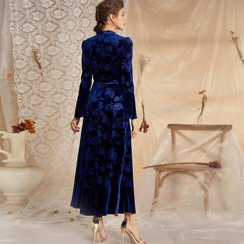 IDOPIP Women Long Bell Sleeve Floral Velvet Maxi Dress Fall Mock Neck Wedding Guest Dress Elegant Evening Cocktail Prom Gown in Saudi Arabia