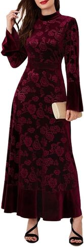 IDOPIP Women Long Bell Sleeve Floral Velvet Maxi Dress Fall Mock Neck Wedding Guest Dress Elegant Evening Cocktail Prom Gown in Saudi Arabia