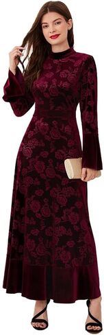 IDOPIP Women Long Bell Sleeve Floral Velvet Maxi Dress Fall Mock Neck Wedding Guest Dress Elegant Evening Cocktail Prom Gown in Saudi Arabia