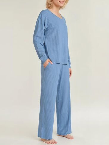 Latuza Women's 2 Piece Lounge Pajama Set Ribbed Knit Long Sleeve V Neck PJs in Saudi Arabia