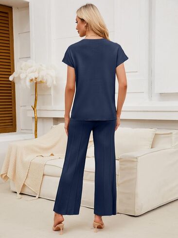 IFFEI Womens Lounge Sets 2 piece Sweater Sets Outfits Cap Sleeve Knit Tops and Pleated Wide Leg Pants Pajama Sets in Kuwait