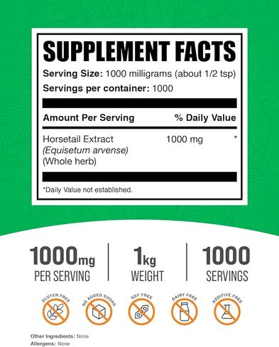 BulkSupplements.com مسحوق مستخلص ذيل الحصان - مكمل ذيل الحصان، من عشبة ذيل الحصان - مكملات السيليكا، خالي من الغلوتين، 1 جرام لكل وجبة، 500 جرام (1.1 رطل) (عبوة من قطعة واحدة) in Kuwait