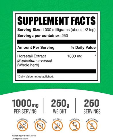BulkSupplements.com مسحوق مستخلص ذيل الحصان - مكمل ذيل الحصان، من عشبة ذيل الحصان - مكملات السيليكا، خالي من الغلوتين، 1 جرام لكل وجبة، 500 جرام (1.1 رطل) (عبوة من قطعة واحدة) in Kuwait